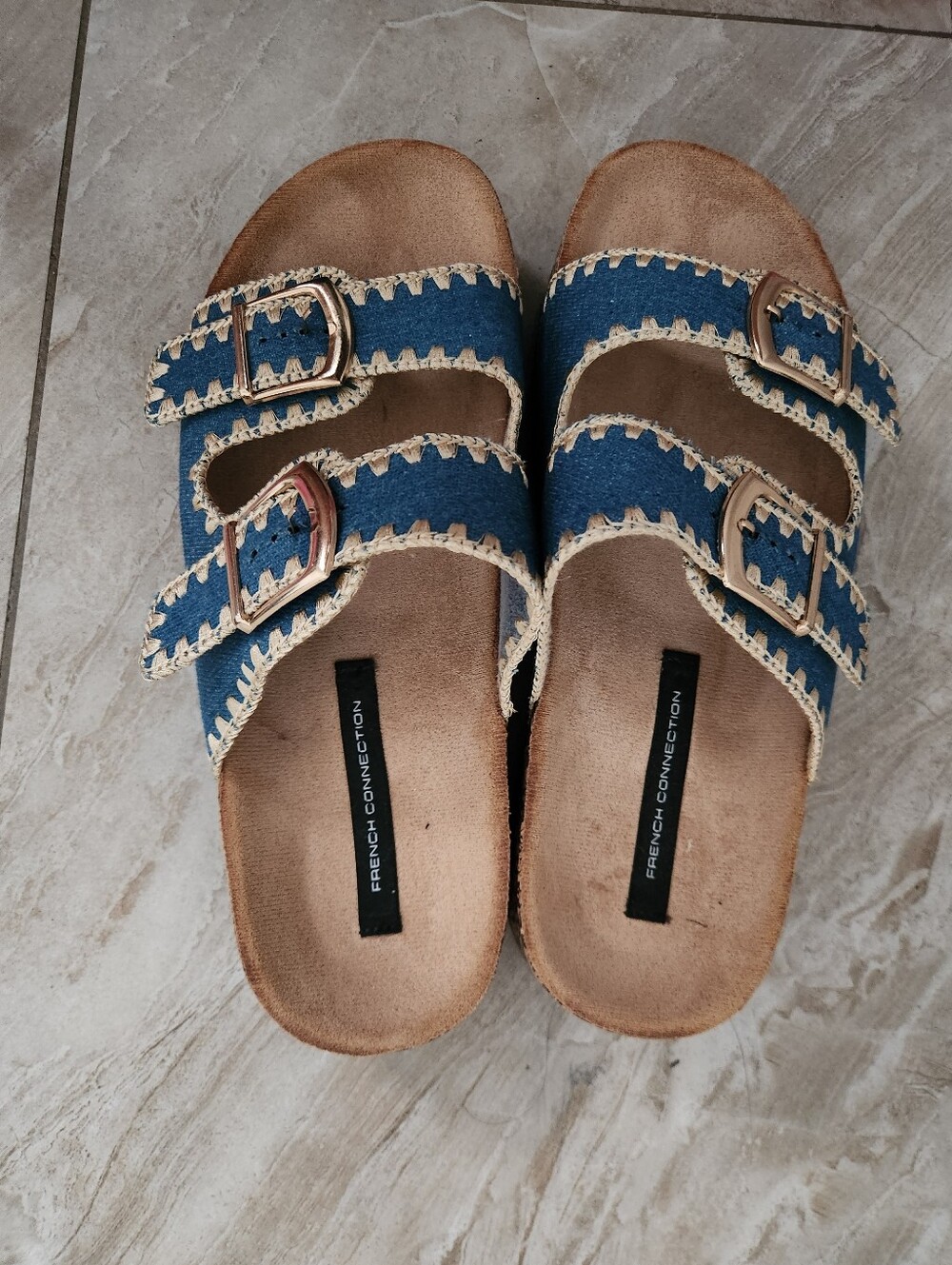 French Connection Women's Denim-Blue Triple Buckle Sandals with Contrast Trim